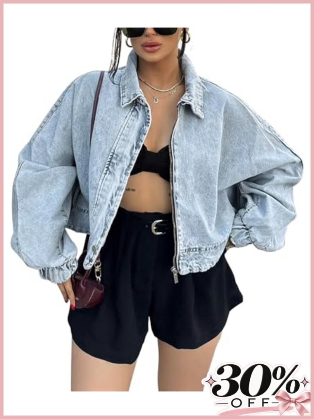 Oversized Cropped Denim Jacket Zip Up Light Wash Women's